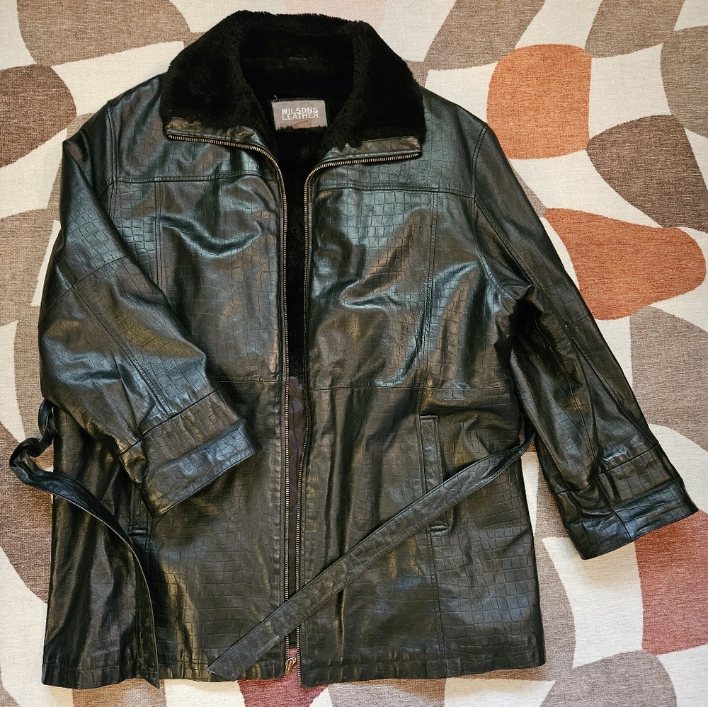 Vintage Wilson's Leather Winter Black Trench Coat 100% Leather Size 2XL